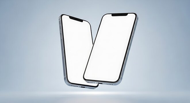 Two modern smartphones with blank screens floating in the air isolated on white background, perfect for showcasing apps