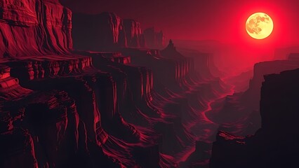 A stark black-and-red canyon landscape with impossible depth under an alien sun.