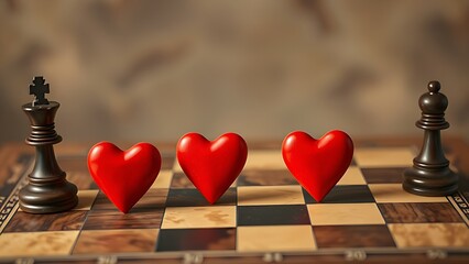 Symbolic chessboard with heart-shaped pieces at varied positions, depicting romantic timing dynamics.