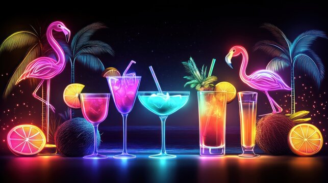 Neon cocktails with flamingos and tropical fruits. Colorful drinks, glowing in the dark, sit on a dark surface with flamingos and palm trees
