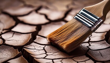 close up of paintbrush on cracked textured surface