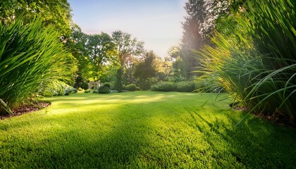 Obraz premium lush green garden with vibrant grass in the foreground and dense foliage framing the serene background under soft natural lighting