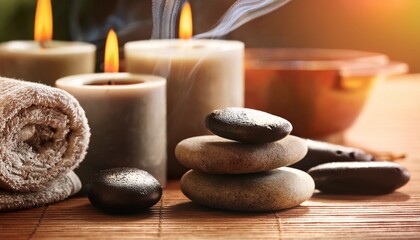 serene spa still life candles incense and stones