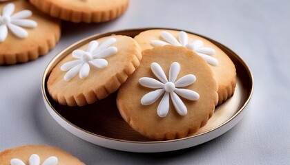 delicious round cookies with white icing and flower design