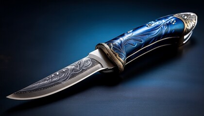elegant blue and silver hunting knife closeup