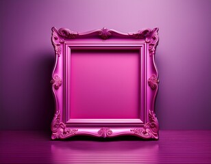 antique hot pink photo frame centered on a gradient purple wall with soft lighting casting shadows on the glossy floor below