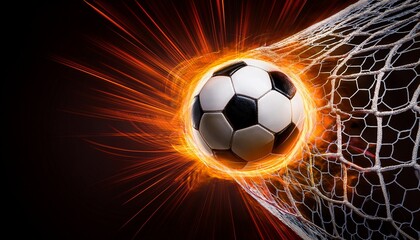 dynamic soccer ball with black and white pattern speeding towards a glowing goal net framed by fiery orange and white streaks on a black background