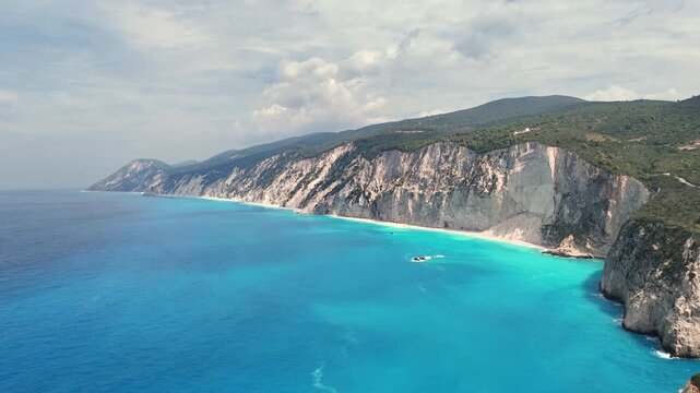 Porto Katsiki cliffs and turquoise bay aerial view in Greece