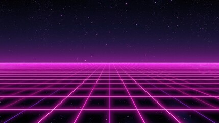 Retro futuristic neon grid landscape with starry night sky