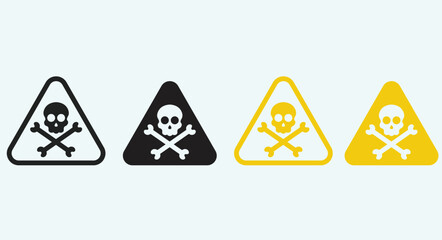 Vector warning icons featuring skull and hazard symbols in triangular shapes. Suitable for safety labels, danger signs, toxic alerts, chemical warnings, instructional materials, and industrial safety 