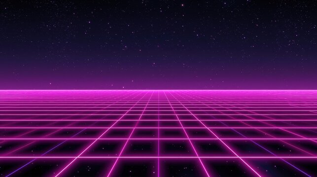Retro futuristic neon grid landscape with starry night sky