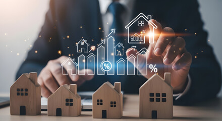 Real estate investment and property management with digital technology and wooden house models