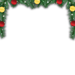 Pine Tree Leaves Christmas Frame, Gold & Red Ornaments, Sparkles Transparent PNG Border Frame 