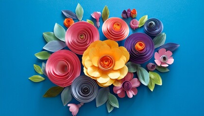 vibrant colorful paper flowers bouquet on blue background