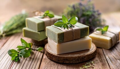 natural herbal handmade soap bars with fresh herbs