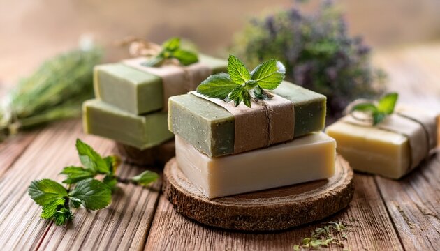 natural herbal handmade soap bars with fresh herbs