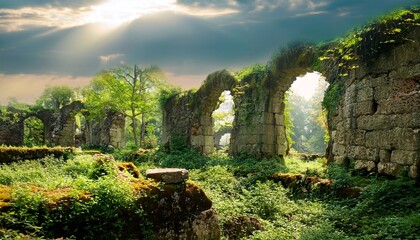 ancient stone ruins overgrown with green vegetation