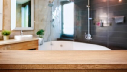 blurry bathroom background with a table top and copy space image