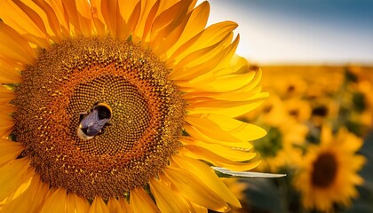 close up of sunflower with bee in blooming field