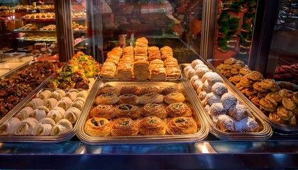 traditional greek sweet treats showcased in a delightful storefront featuring an array of greek baked goods that embody the rich flavors and culture of greek pastry delights