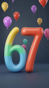Number 67 surrounded by balloons. Festive video for birthday or anniversary party