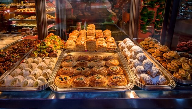 traditional greek sweet treats showcased in a delightful storefront featuring an array of greek baked goods that embody the rich flavors and culture of greek pastry delights
