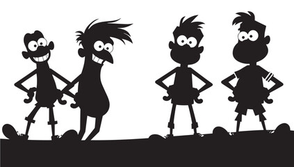 Quirky cartoon characters striking poses in silhouette, perfect for children's books or animated series, conveying playful energy and mischievous fun