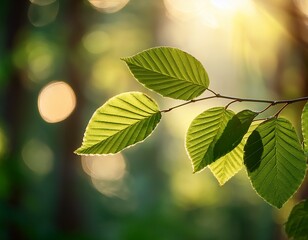 the leaves of a sunlit branch in a bokeh forest background