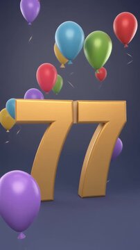 Number 77 surrounded by balloons. Festive video for birthday or anniversary party
