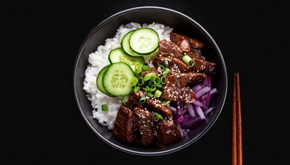 beef teriyaki bowl viewed from above featuring dark brown beef over white rice with green onions cucumbers and red cabbage in a black bowl
