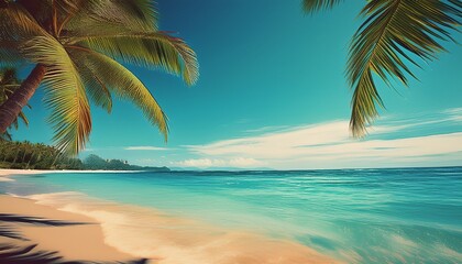 vintage postcard featuring a scenic tropical beach with clear blue waters and palm trees perfect for use as a background in design projects needing copy space image