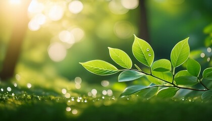 the leaves in soft morning light with dewy bokeh and lush green details