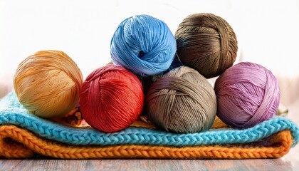 colorful yarn balls with knitted blanket