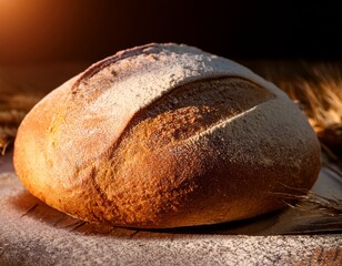 freshly baked bread loaf with flour dust in sunlight