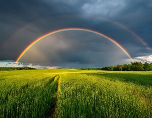 the double rainbow over a lush green meadow under a dramatic stormy sky