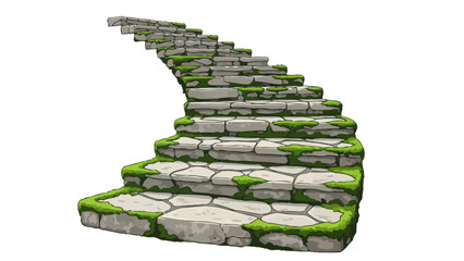 Stone staircase covered in green moss on a white background