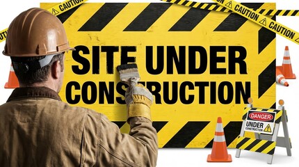 Fototapeta premium A painter man holding a paintbrush actively drawing the words ‘Site Under Construction’. Suitable for marketing or business purposes