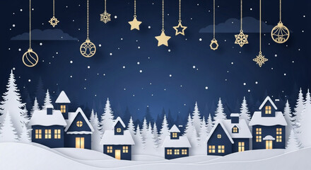 Winter village scene with snow covered houses trees and hanging christmas ornaments against a dark blue sky created with generated ai