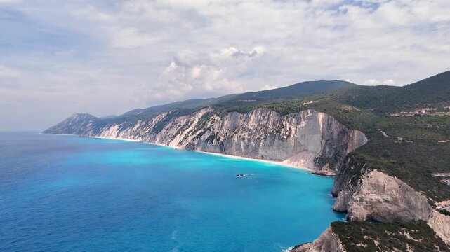 Porto Katsiki cliffs and turquoise bay aerial view in Greece