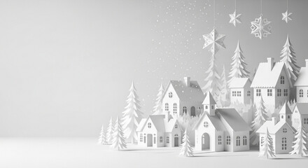 Fototapeta premium Paper cut winter village scene with houses trees stars and snow in a monochromatic white color palette created with generated ai