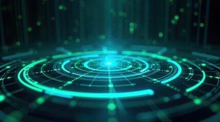 Futuristic holographic interface with glowing neon blue and green digital data