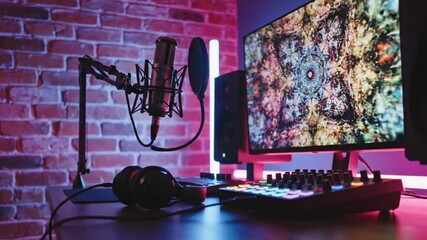 Professional podcasting setup with microphone headphones and audio mixer on a desk