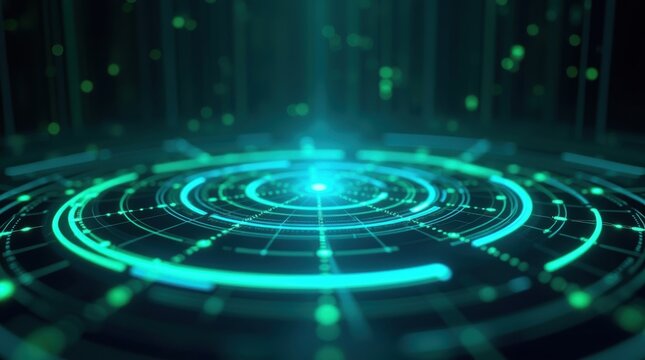 Futuristic holographic interface with glowing neon blue and green digital data - Powered by Adobe