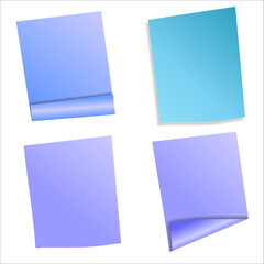 Set of blank square colored sticky notes or memo papers with curled corner and drop shadow effect on white background. Modern office communication elements, reminder tags, important notice banners, an