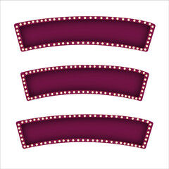 Set of three curved purple retro marquee banners with bright glowing light bulbs on an isolated white background. Vintage showbiz sign template, theater advertisement header, movie announcement, or ca