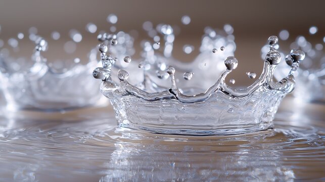 Liquid crown formation multiple droplet splash patterns captured simultaneously on water surface with high-speed macro photography showing complex interaction stages