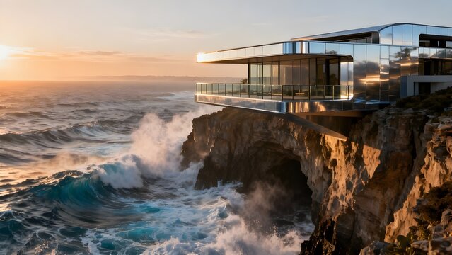 Modern house perched on cliff overlooking ocean waves during sunset with reflective exterior walls view - Powered by Adobe