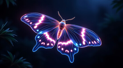 Glowing bioluminescent butterfly with vibrant blue and pink light patterns flying in dark natural environment, creating magical effect