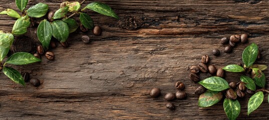 Rustic Coffee Beans and Green Leaves on Wooden Background.
