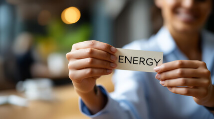 Hand grasping card with energy terminology defocused blurred background word display visual dietary concept representation nutritional awareness symbol health education prop